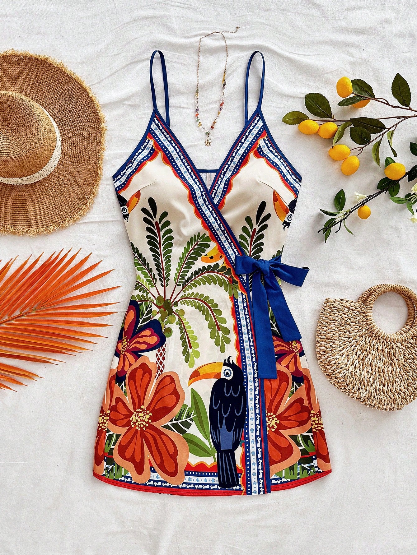 Soleia Women's Vacation Tropical Element Coconut Tree Palm Leaf Spaghetti Strap Mini Wrap Dress,Bohemia No Chest Padding