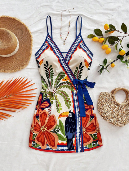 Soleia Women's Vacation Tropical Element Coconut Tree Palm Leaf Spaghetti Strap Mini Wrap Dress,Bohemia No Chest Padding
