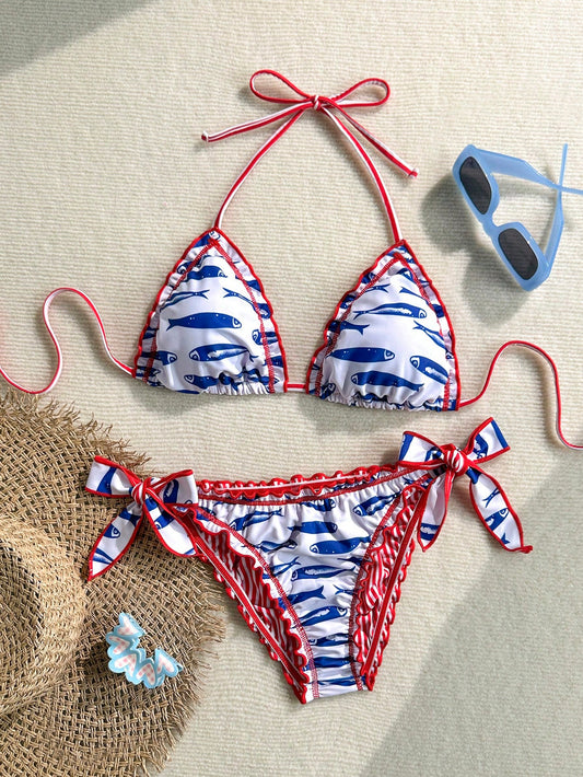 Soleia Women's Vintage Colorful Leopard Zebra Floral Print Ruffle Tie-Up Bow Halter Neck Tassel Decor Beach Bikini Set