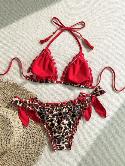 Soleia Women's Vintage Rainbow Leopard,Summer,Casual,Beach,Holiday,Vacation Bikini Set Frill Tie Neck Tassel Decorated Tie Side Swimwear