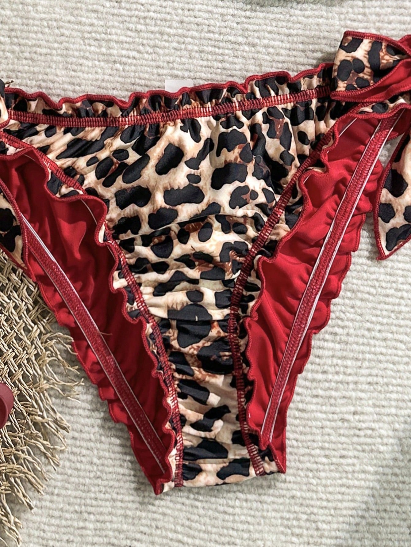 Soleia Women's Vintage Rainbow Leopard,Summer,Casual,Beach,Holiday,Vacation Bikini Set Frill Tie Neck Tassel Decorated Tie Side Swimwear