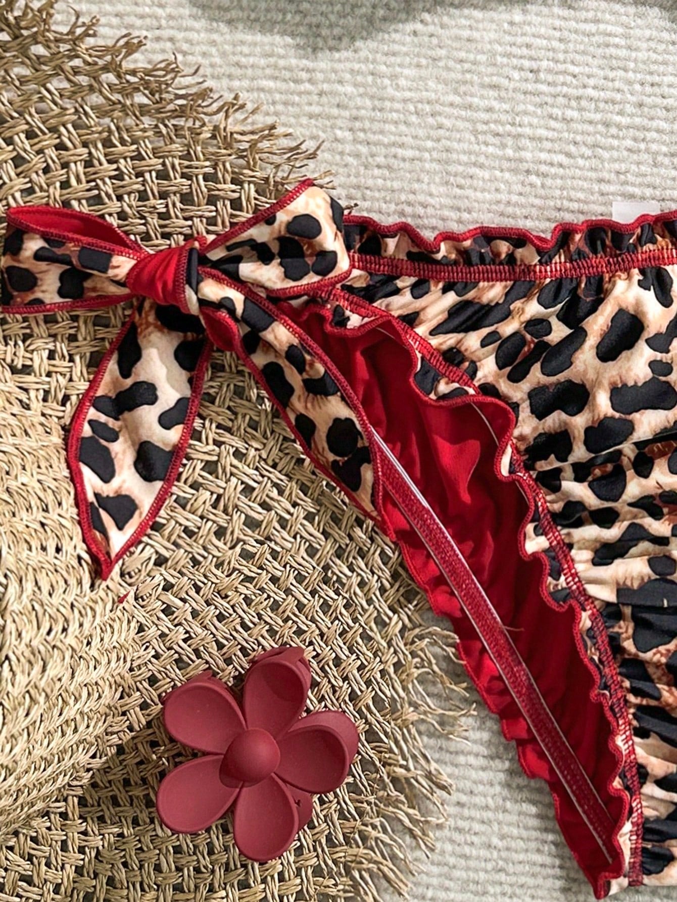 Soleia Women's Vintage Rainbow Leopard,Summer,Casual,Beach,Holiday,Vacation Bikini Set Frill Tie Neck Tassel Decorated Tie Side Swimwear