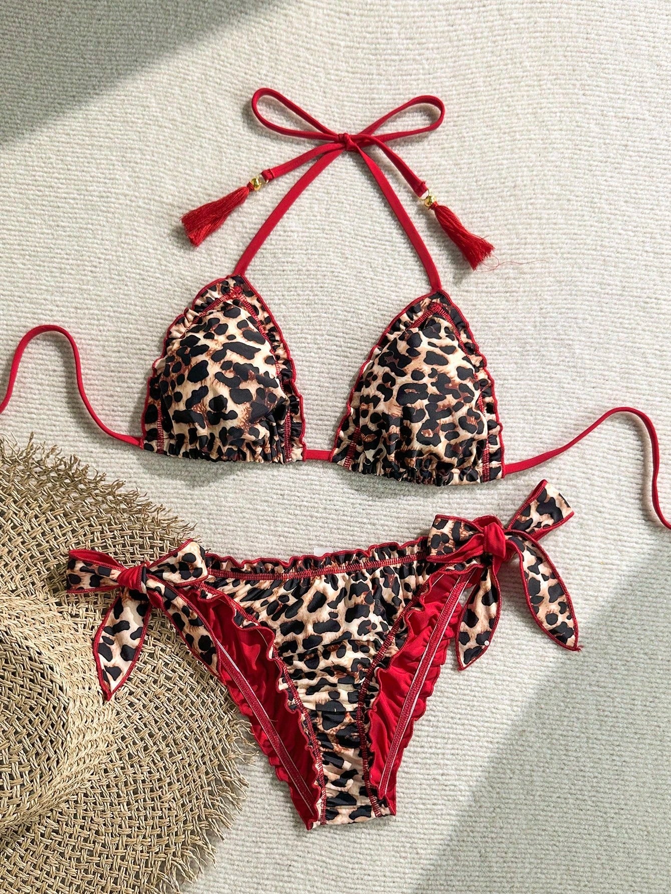 Soleia Women's Vintage Rainbow Leopard,Summer,Casual,Beach,Holiday,Vacation Bikini Set Frill Tie Neck Tassel Decorated Tie Side Swimwear