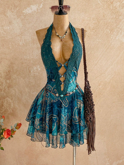 Soleia Women's Vintage Sexy Halter Backless Ruffle Hem Mini Dress, Holiday Outfits, Autumn Bohemian, Boho, Spring, Carnival Outfit, Retro Beach Teal Blue