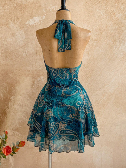 Soleia Women's Vintage Sexy Halter Backless Ruffle Hem Mini Dress, Holiday Outfits, Autumn Bohemian, Boho, Spring, Carnival Outfit, Retro Beach Teal Blue