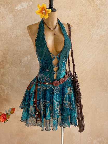 Soleia Women's Vintage Sexy Halter Backless Ruffle Hem Mini Dress, Holiday Outfits, Autumn Bohemian, Boho, Spring, Carnival Outfit, Retro Beach Teal Blue