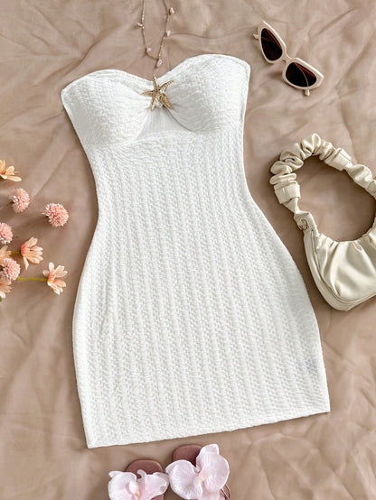 Soleia Women's White Knit Textured Bandeau Mini Dress,Hollow-Out Ruched Bodice With Metallic Starfish, Bodycon,No Chest Padding