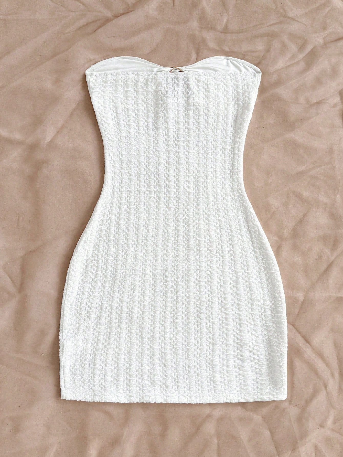 Soleia Women's White Knit Textured Bandeau Mini Dress,Hollow-Out Ruched Bodice With Metallic Starfish, Bodycon,No Chest Padding