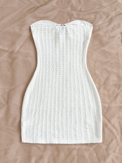 Soleia Women's White Knit Textured Bandeau Mini Dress,Hollow-Out Ruched Bodice With Metallic Starfish, Bodycon,No Chest Padding