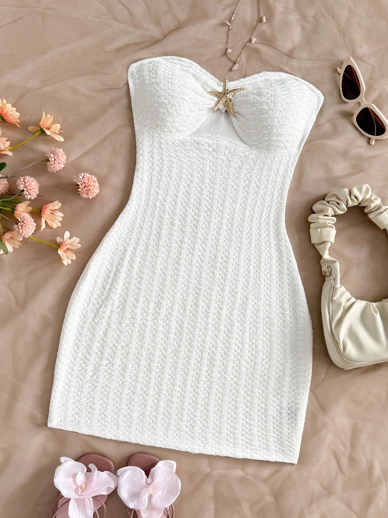Soleia Women's White Knit Textured Bandeau Mini Dress,Hollow-Out Ruched Bodice With Metallic Starfish, Bodycon,No Chest Padding