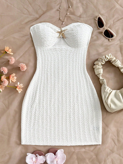 Soleia Women's White Knit Textured Bandeau Mini Dress,Hollow-Out Ruched Bodice With Metallic Starfish, Bodycon,No Chest Padding