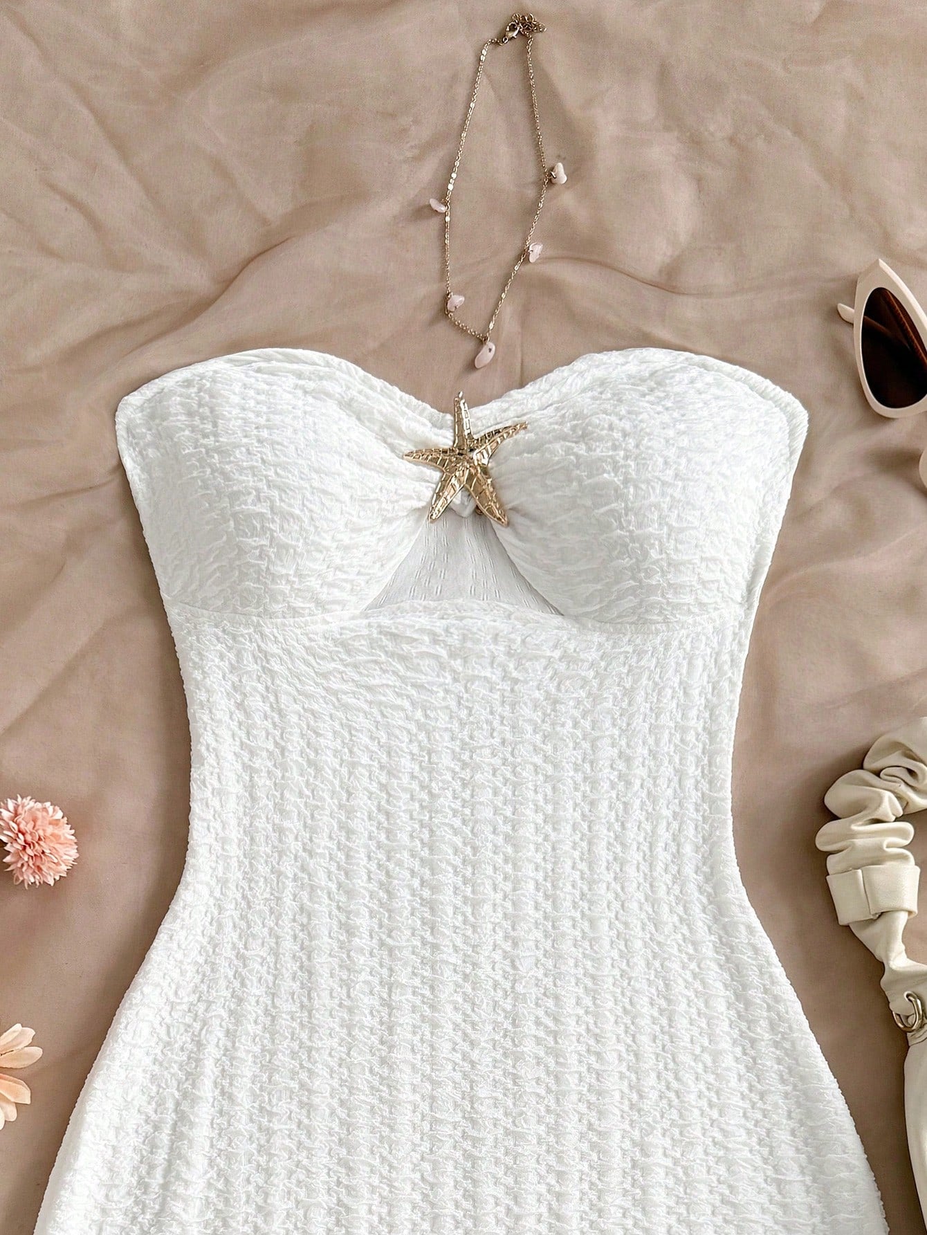 Soleia Women's White Knit Textured Bandeau Mini Dress,Hollow-Out Ruched Bodice With Metallic Starfish, Bodycon,No Chest Padding