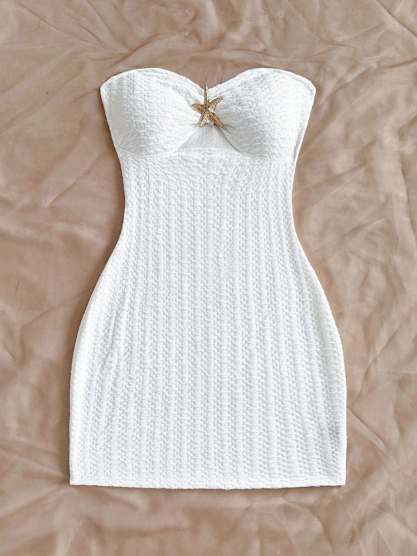 Soleia Women's White Knit Textured Bandeau Mini Dress,Hollow-Out Ruched Bodice With Metallic Starfish, Bodycon,No Chest Padding