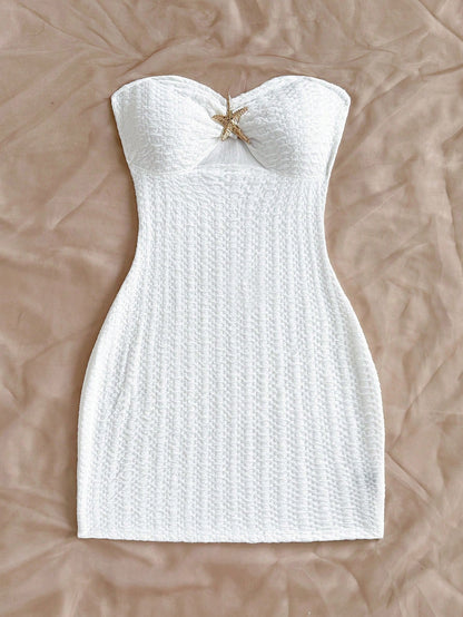 Soleia Women's White Knit Textured Bandeau Mini Dress,Hollow-Out Ruched Bodice With Metallic Starfish, Bodycon,No Chest Padding