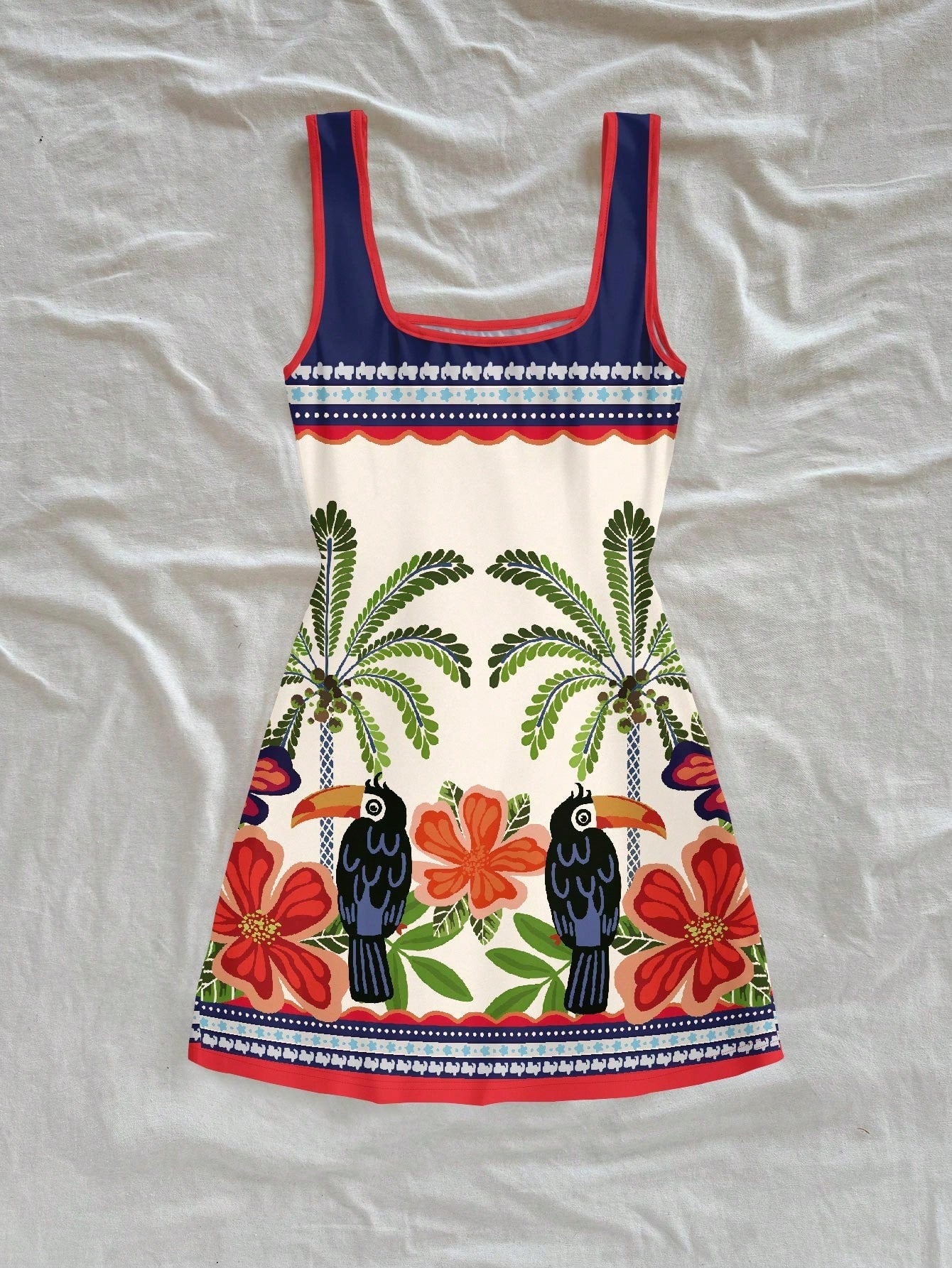 Soleia Women's White Summer Boho Tropical Beach Vacation Holiday Dress,Toucan Palm Tree Floral Print U-Neck Backless Mini Dress,Brazilian Style Holiday