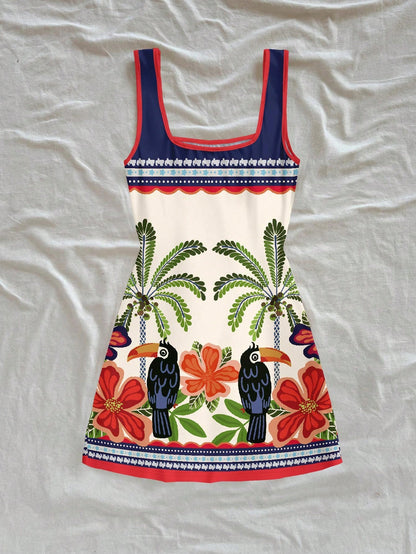 Soleia Women's White Summer Boho Tropical Beach Vacation Holiday Dress,Toucan Palm Tree Floral Print U-Neck Backless Mini Dress,Brazilian Style Holiday