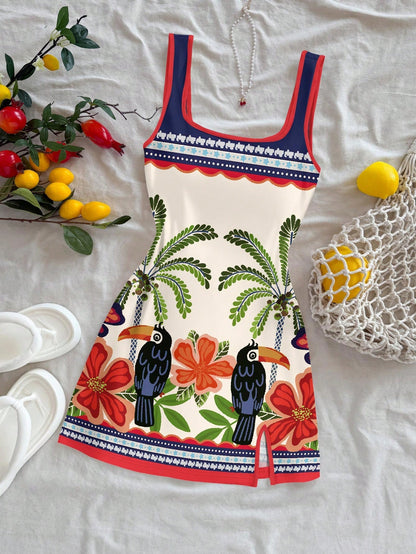 Soleia Women's White Summer Boho Tropical Beach Vacation Holiday Dress,Toucan Palm Tree Floral Print U-Neck Backless Mini Dress,Brazilian Style Holiday