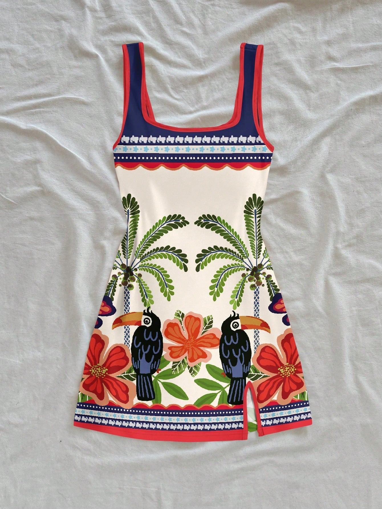 Soleia Women's White Summer Boho Tropical Beach Vacation Holiday Dress,Toucan Palm Tree Floral Print U-Neck Backless Mini Dress,Brazilian Style Holiday