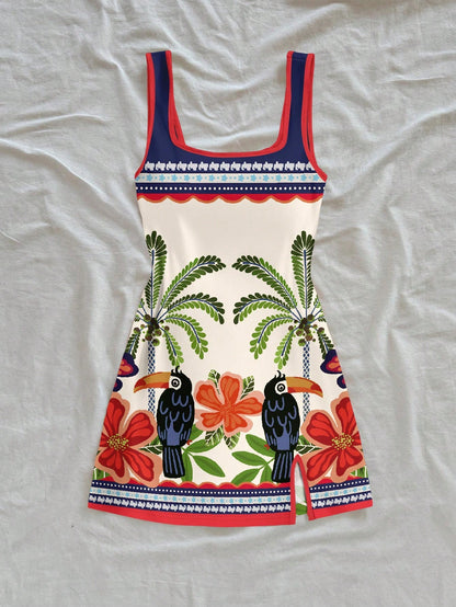 Soleia Women's White Summer Boho Tropical Beach Vacation Holiday Dress,Toucan Palm Tree Floral Print U-Neck Backless Mini Dress,Brazilian Style Holiday