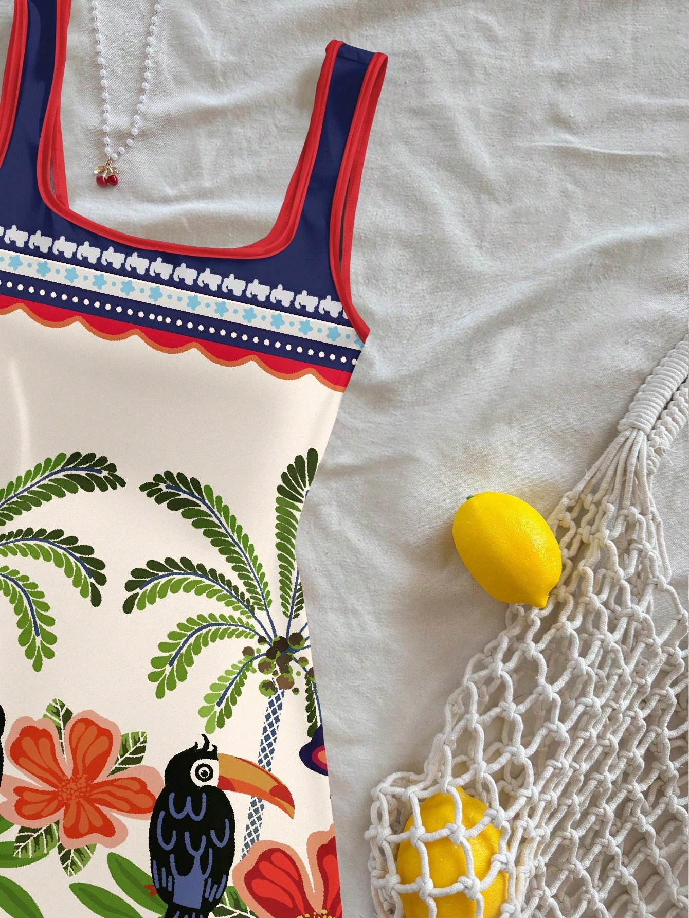 Soleia Women's White Summer Boho Tropical Beach Vacation Holiday Dress,Toucan Palm Tree Floral Print U-Neck Backless Mini Dress,Brazilian Style Holiday
