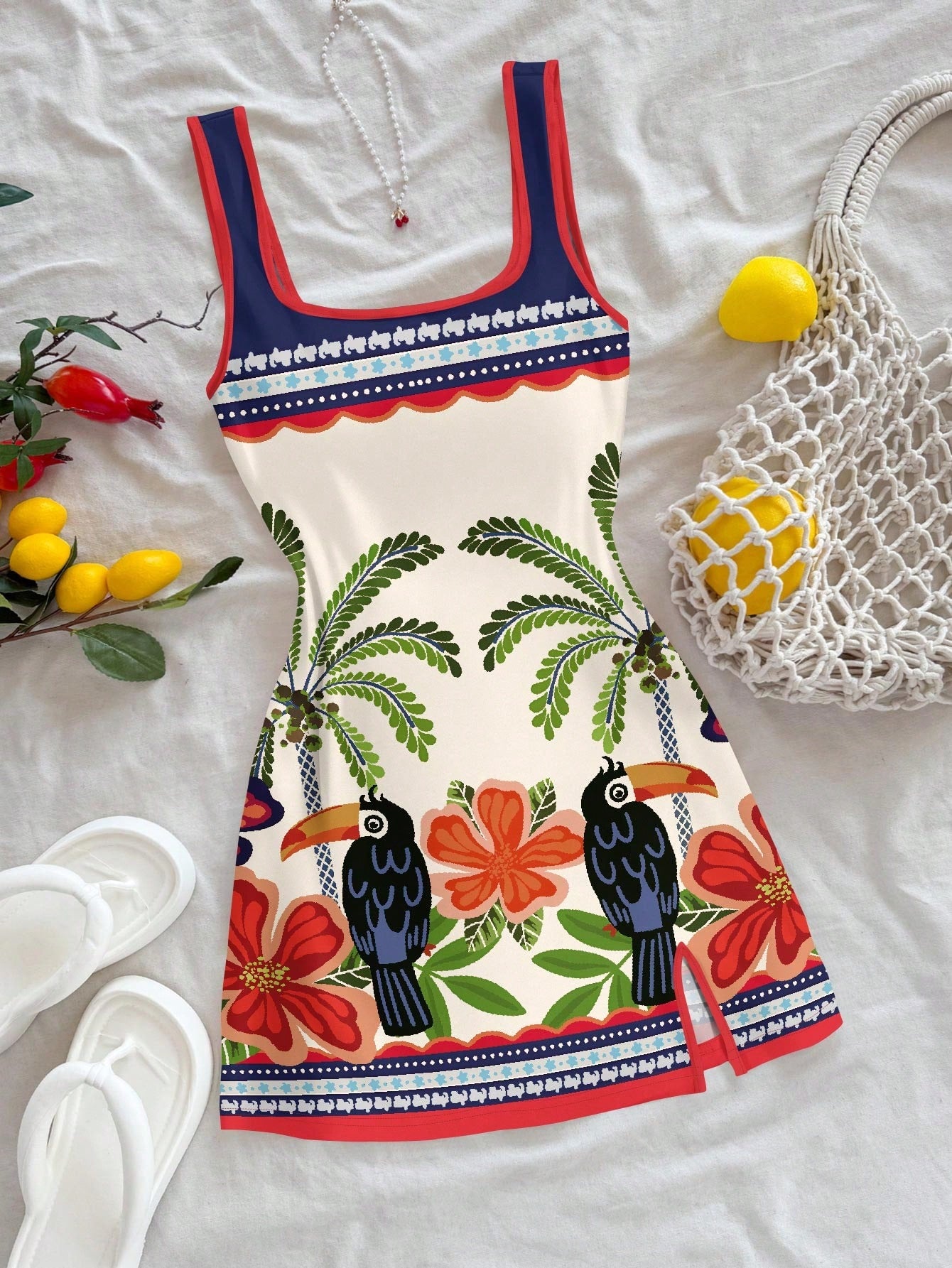 Soleia Women's White Summer Boho Tropical Beach Vacation Holiday Dress,Toucan Palm Tree Floral Print U-Neck Backless Mini Dress,Brazilian Style Holiday