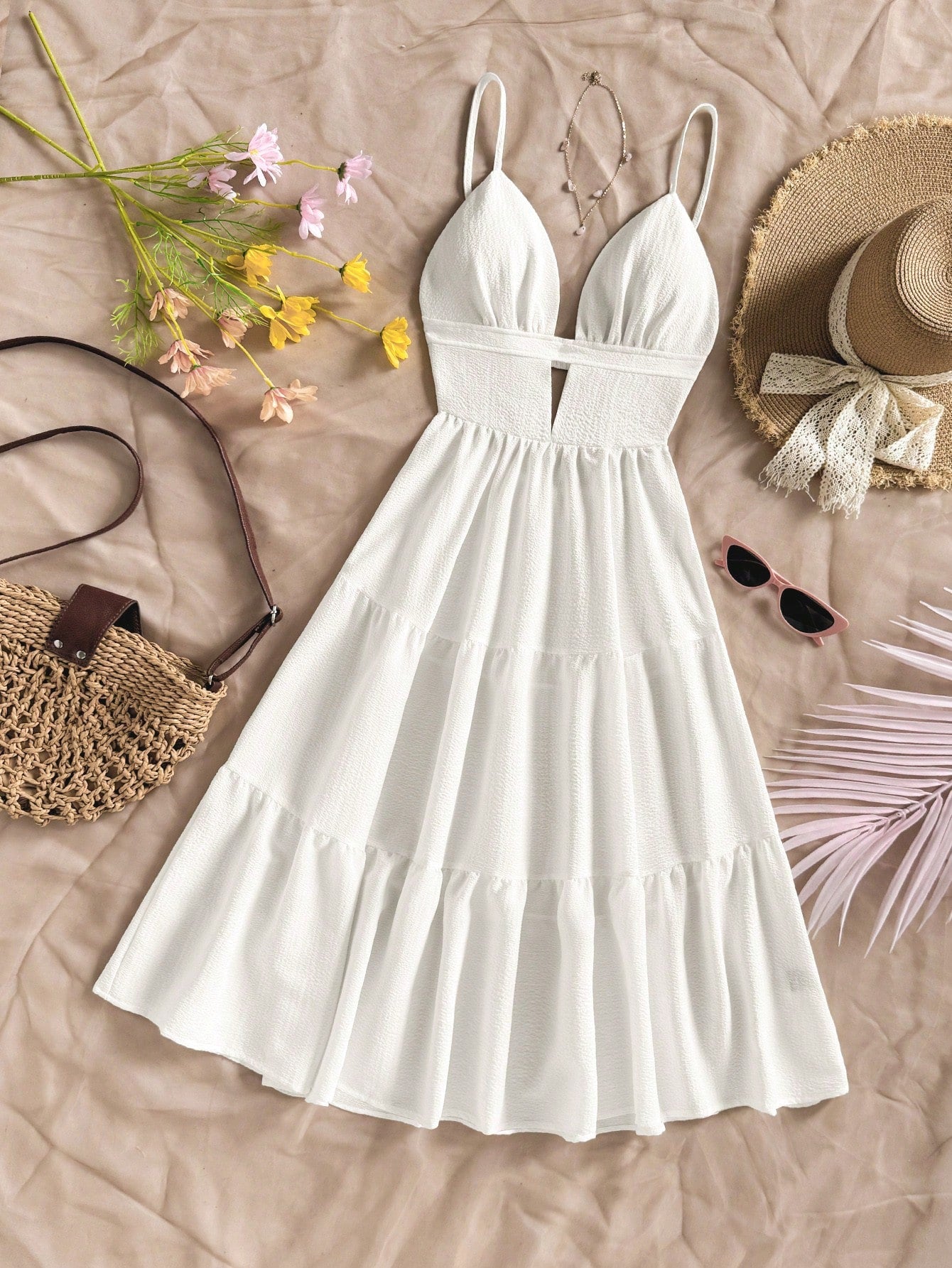 Soleia Women Vacation Solid Color Ruffle Hem Casual Spaghetti Strap Mid-Length Dress,Bohemia
