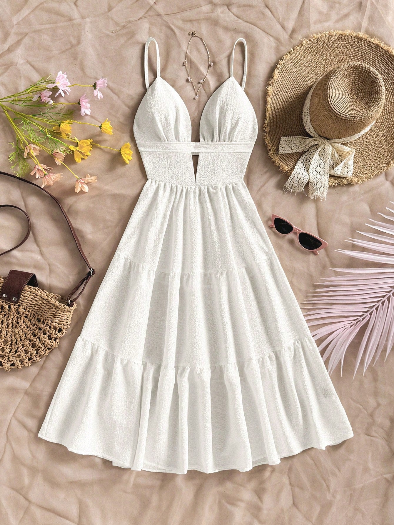 Soleia Women Vacation Solid Color Ruffle Hem Casual Spaghetti Strap Mid-Length Dress,Bohemia