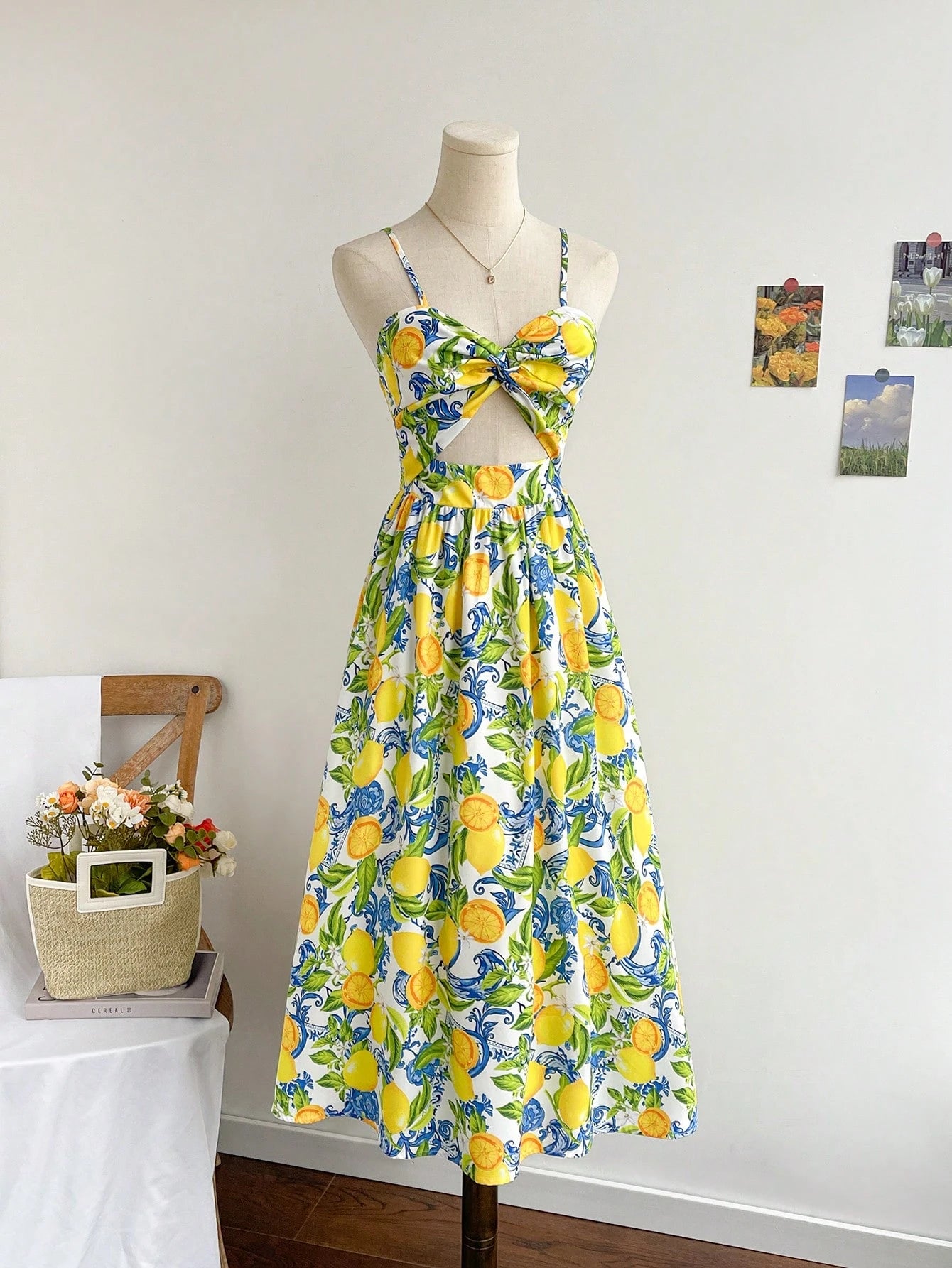 Soleia WYWH Women's Vacation Spaghetti Strap V-Neck Knotted Waist A-Line Midi Dress, Tropical Print Cami Dress,Summer Dresses For Women