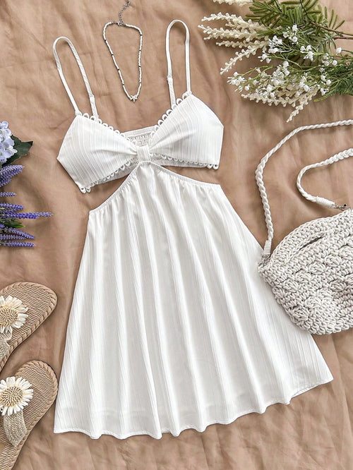 Soleia WYWH Women's White Hollowed Waist V-Neck Strappy Vacation Dress, Summer,Summer Dresses For Women Elegance No Chest Padding