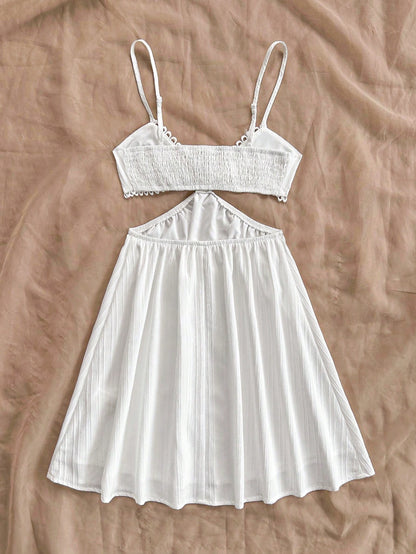 Soleia WYWH Women's White Hollowed Waist V-Neck Strappy Vacation Dress, Summer,Summer Dresses For Women Elegance No Chest Padding