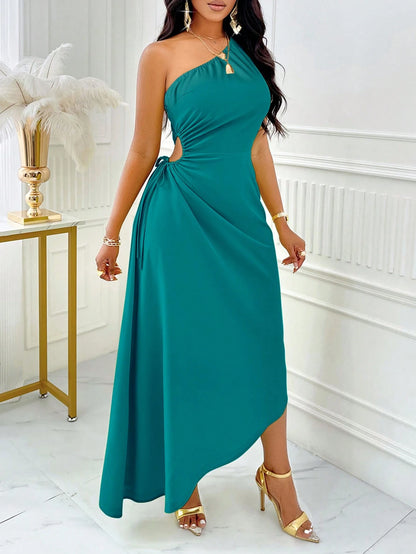 SOLERSUN One Shoulder Cut Out Drawstring Side Asymmetrical Hem Dress Dress Maxi Women Outfit