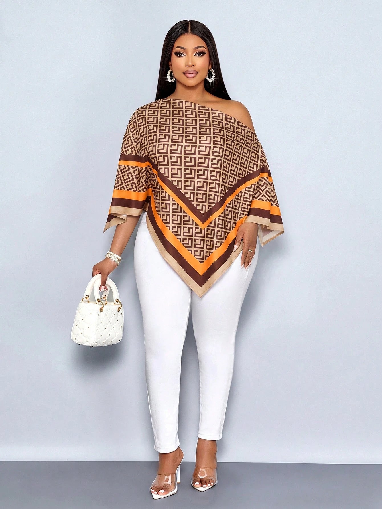 SOLERSUN Plus Size Women's Autumn/Winter Fashion Casual Elegant Old Money Style Cold Shoulder Asymmetric Shoulder Blouse With Scarf Hem Loose Fit Geometric Placement Print Brown Khaki Orange Multicolo