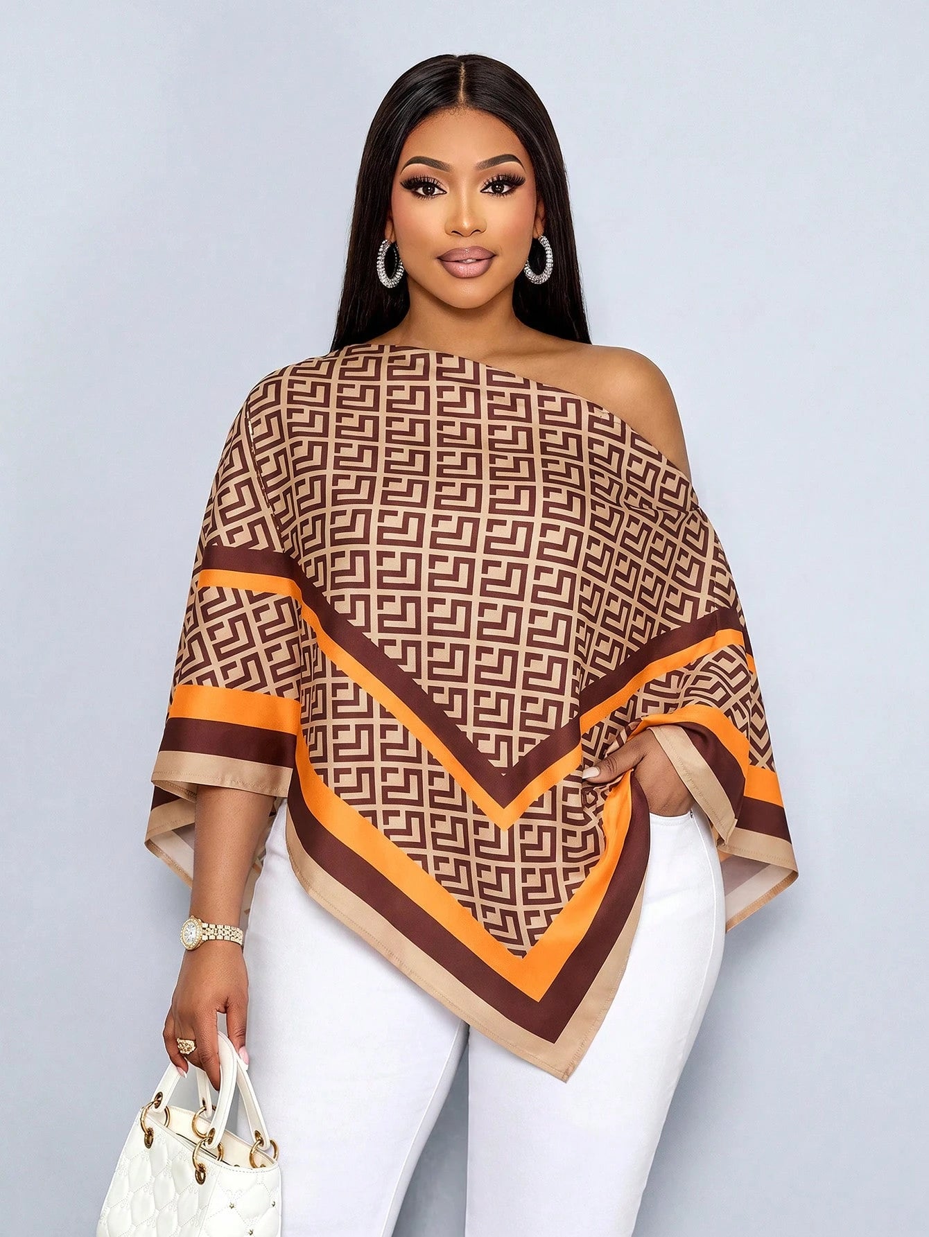 SOLERSUN Plus Size Women's Autumn/Winter Fashion Casual Elegant Old Money Style Cold Shoulder Asymmetric Shoulder Blouse With Scarf Hem Loose Fit Geometric Placement Print Brown Khaki Orange Multicolo