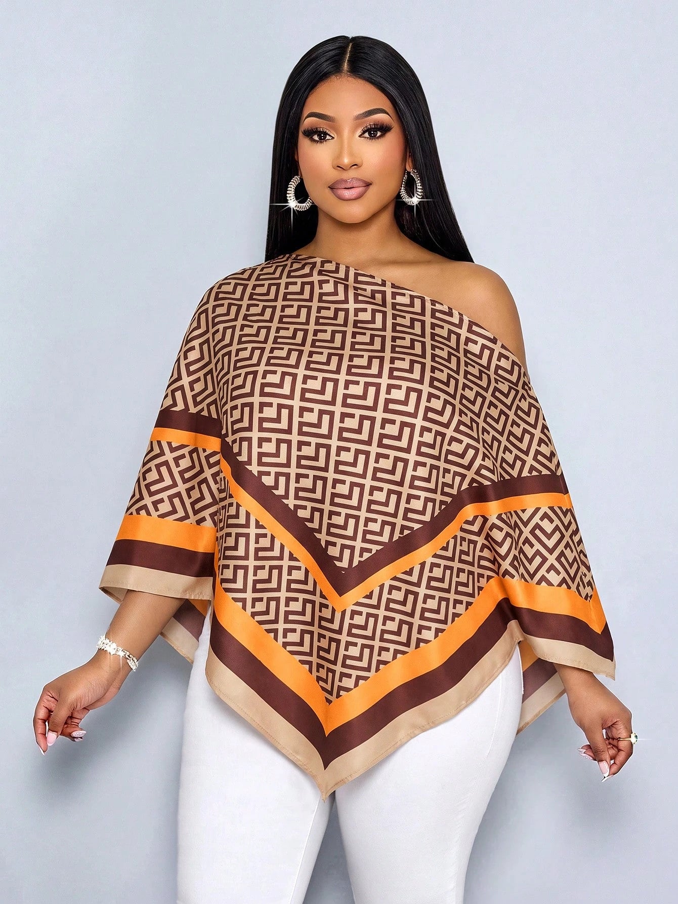 SOLERSUN Plus Size Women's Autumn/Winter Fashion Casual Elegant Old Money Style Cold Shoulder Asymmetric Shoulder Blouse With Scarf Hem Loose Fit Geometric Placement Print Brown Khaki Orange Multicolo