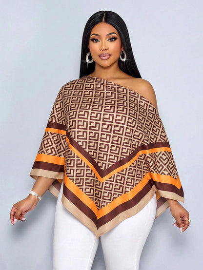 SOLERSUN Plus Size Women's Autumn/Winter Fashion Casual Elegant Old Money Style Cold Shoulder Asymmetric Shoulder Blouse With Scarf Hem Loose Fit Geometric Placement Print Brown Khaki Orange Multicolo