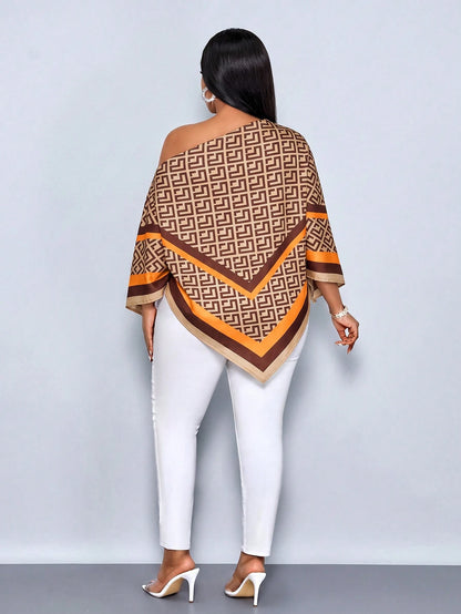 SOLERSUN Plus Size Women's Autumn/Winter Fashion Casual Elegant Old Money Style Cold Shoulder Asymmetric Shoulder Blouse With Scarf Hem Loose Fit Geometric Placement Print Brown Khaki Orange Multicolo