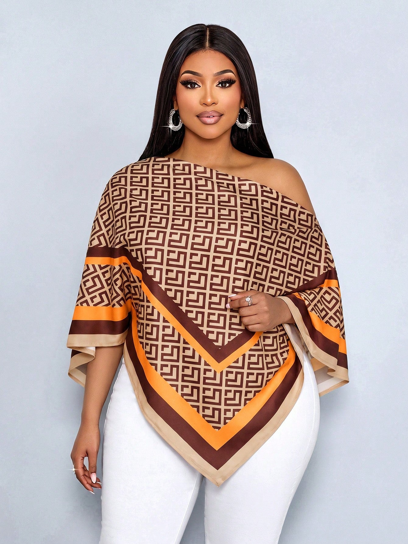 SOLERSUN Plus Size Women's Autumn/Winter Fashion Casual Elegant Old Money Style Cold Shoulder Asymmetric Shoulder Blouse With Scarf Hem Loose Fit Geometric Placement Print Brown Khaki Orange Multicolo