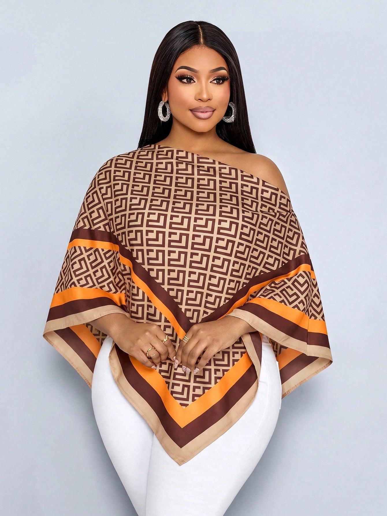 SOLERSUN Plus Size Women's Autumn/Winter Fashion Casual Elegant Old Money Style Cold Shoulder Asymmetric Shoulder Blouse With Scarf Hem Loose Fit Geometric Placement Print Brown Khaki Orange Multicolo