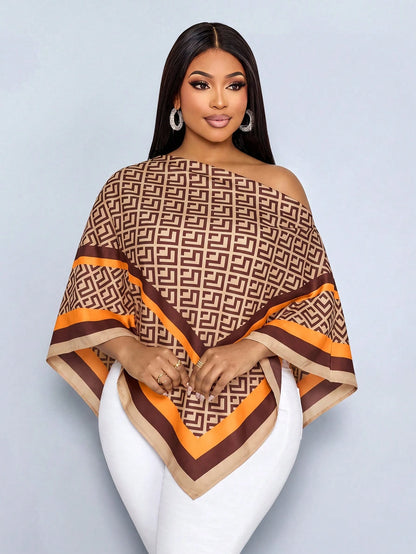 SOLERSUN Plus Size Women's Autumn/Winter Fashion Casual Elegant Old Money Style Cold Shoulder Asymmetric Shoulder Blouse With Scarf Hem Loose Fit Geometric Placement Print Brown Khaki Orange Multicolo