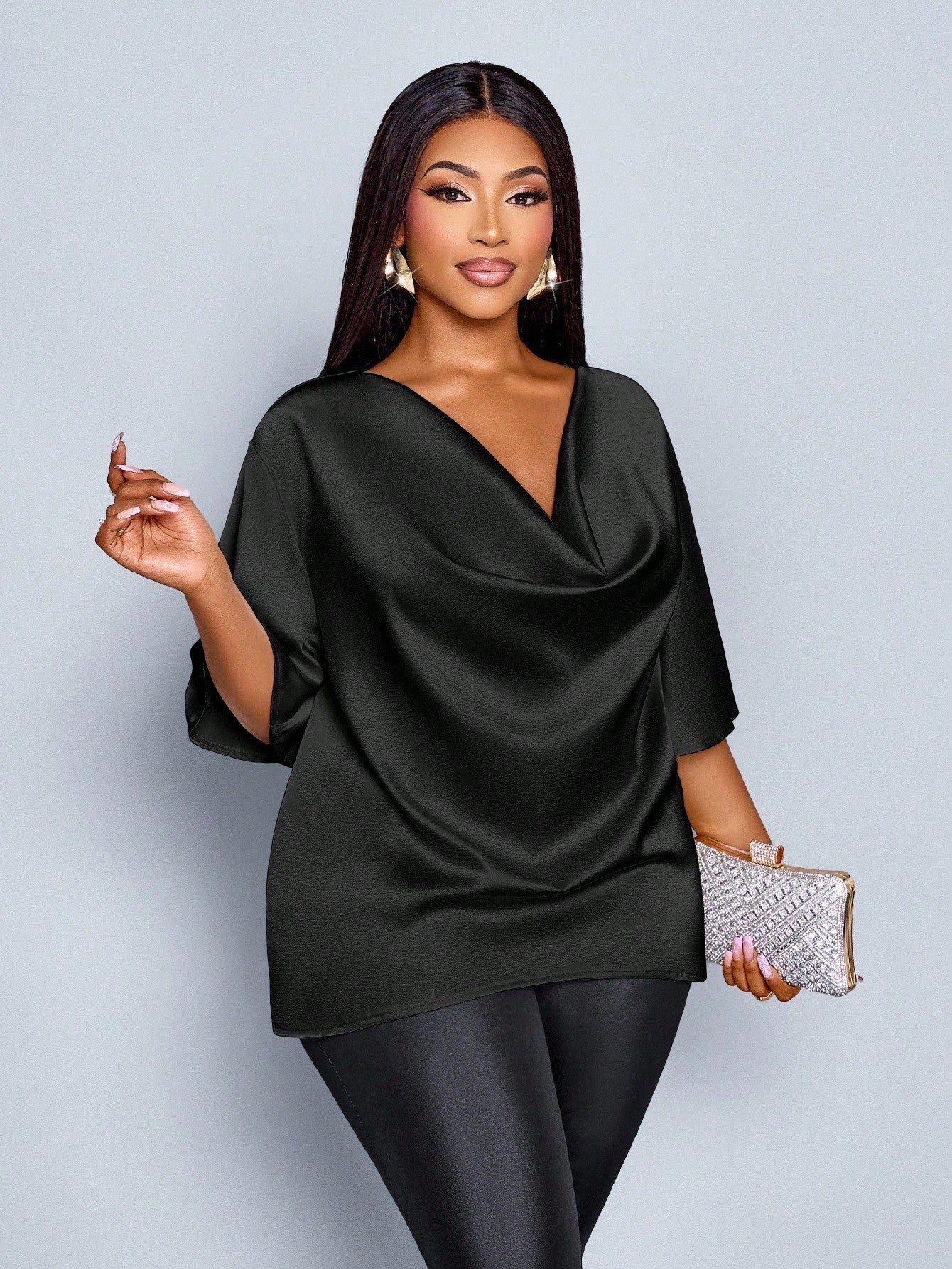 SOLERSUN Plus Size Women's Fashionable Solid Color Elegant Cowl Neck Stylish And Sophisticated Batwing Sleeve Blouse Summer