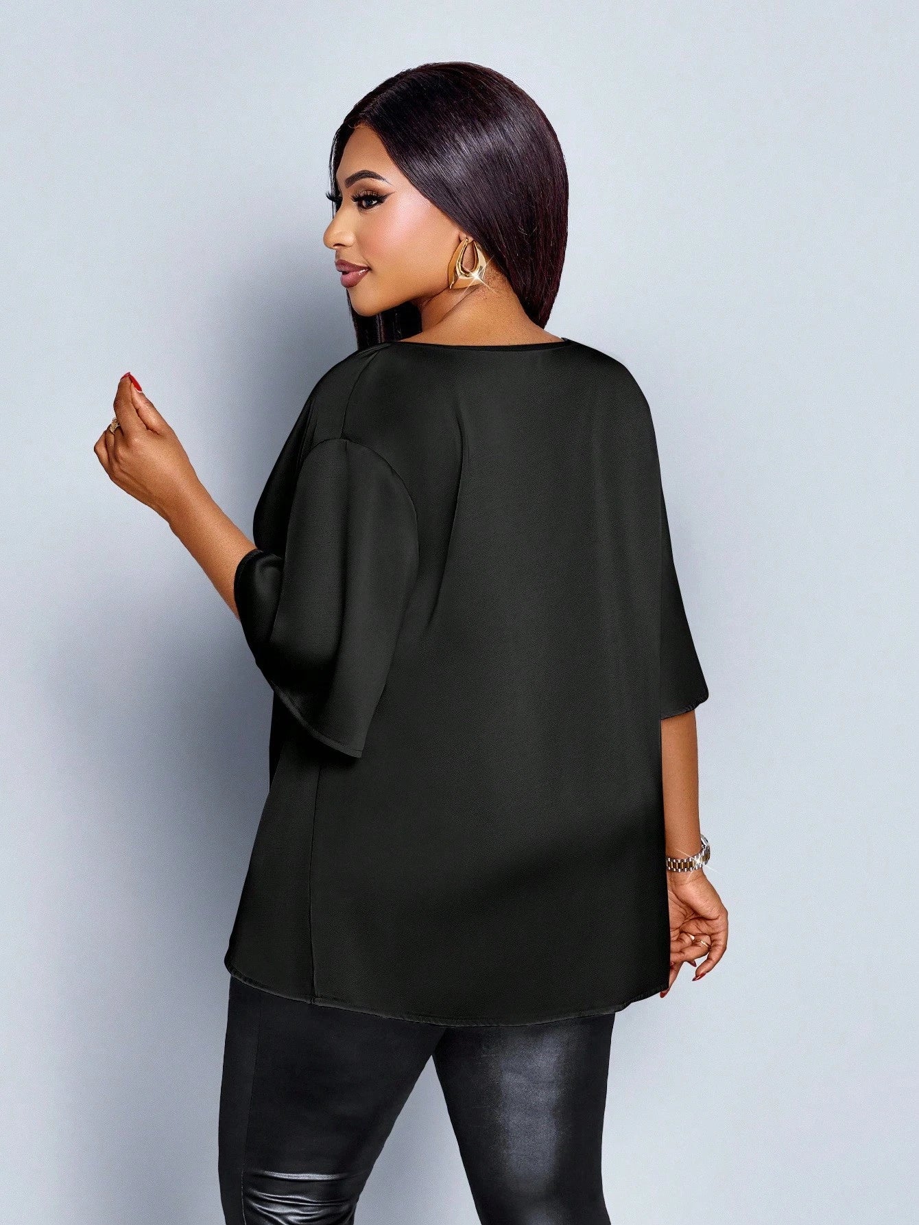 SOLERSUN Plus Size Women's Fashionable Solid Color Elegant Cowl Neck Stylish And Sophisticated Batwing Sleeve Blouse Summer