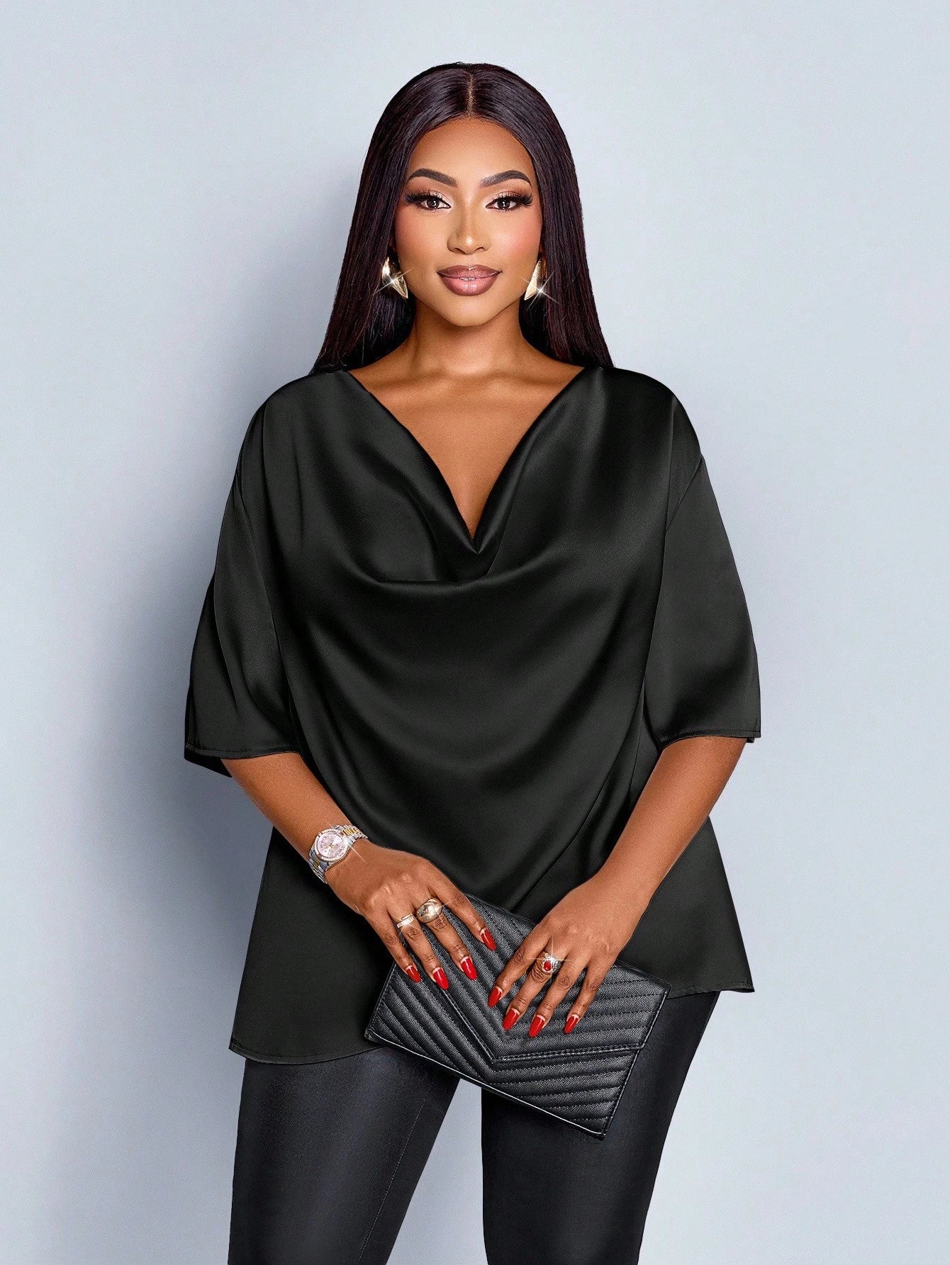 SOLERSUN Plus Size Women's Fashionable Solid Color Elegant Cowl Neck Stylish And Sophisticated Batwing Sleeve Blouse Summer