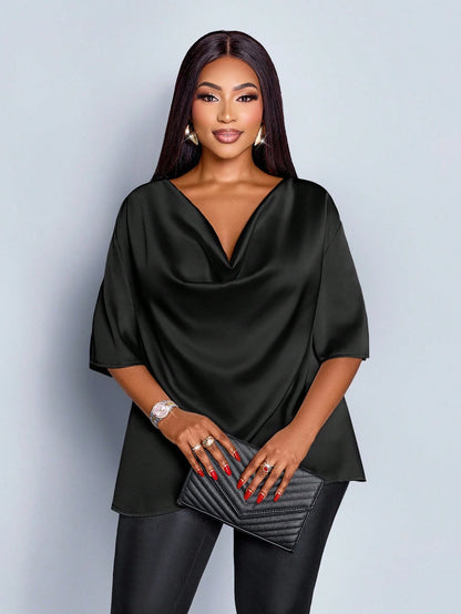 SOLERSUN Plus Size Women's Fashionable Solid Color Elegant Cowl Neck Stylish And Sophisticated Batwing Sleeve Blouse Summer