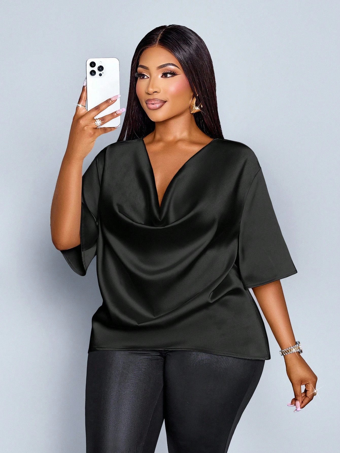 SOLERSUN Plus Size Women's Fashionable Solid Color Elegant Cowl Neck Stylish And Sophisticated Batwing Sleeve Blouse Summer