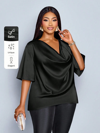 SOLERSUN Plus Size Women's Fashionable Solid Color Elegant Cowl Neck Stylish And Sophisticated Batwing Sleeve Blouse Summer