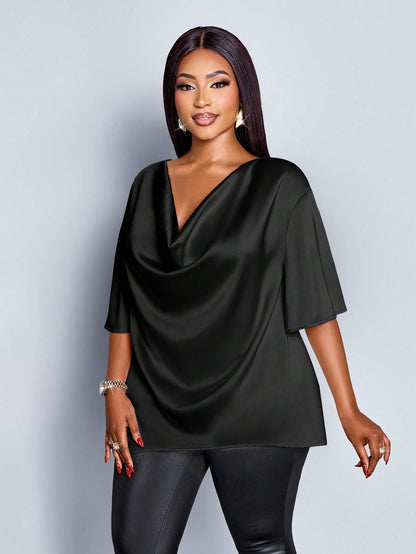 SOLERSUN Plus Size Women's Fashionable Solid Color Elegant Cowl Neck Stylish And Sophisticated Batwing Sleeve Blouse Summer