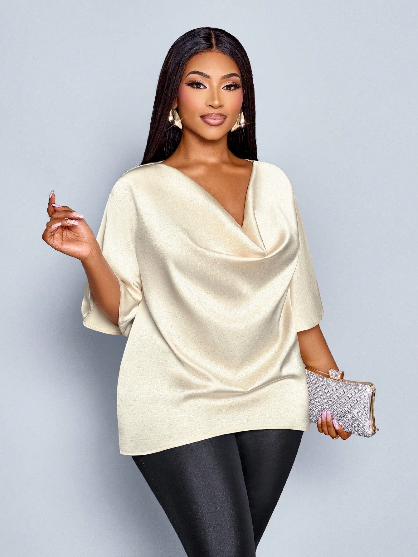 SOLERSUN Plus Size Women's Fashionable Solid Color Elegant Cowl Neck Stylish And Sophisticated Batwing Sleeve Blouse Summer