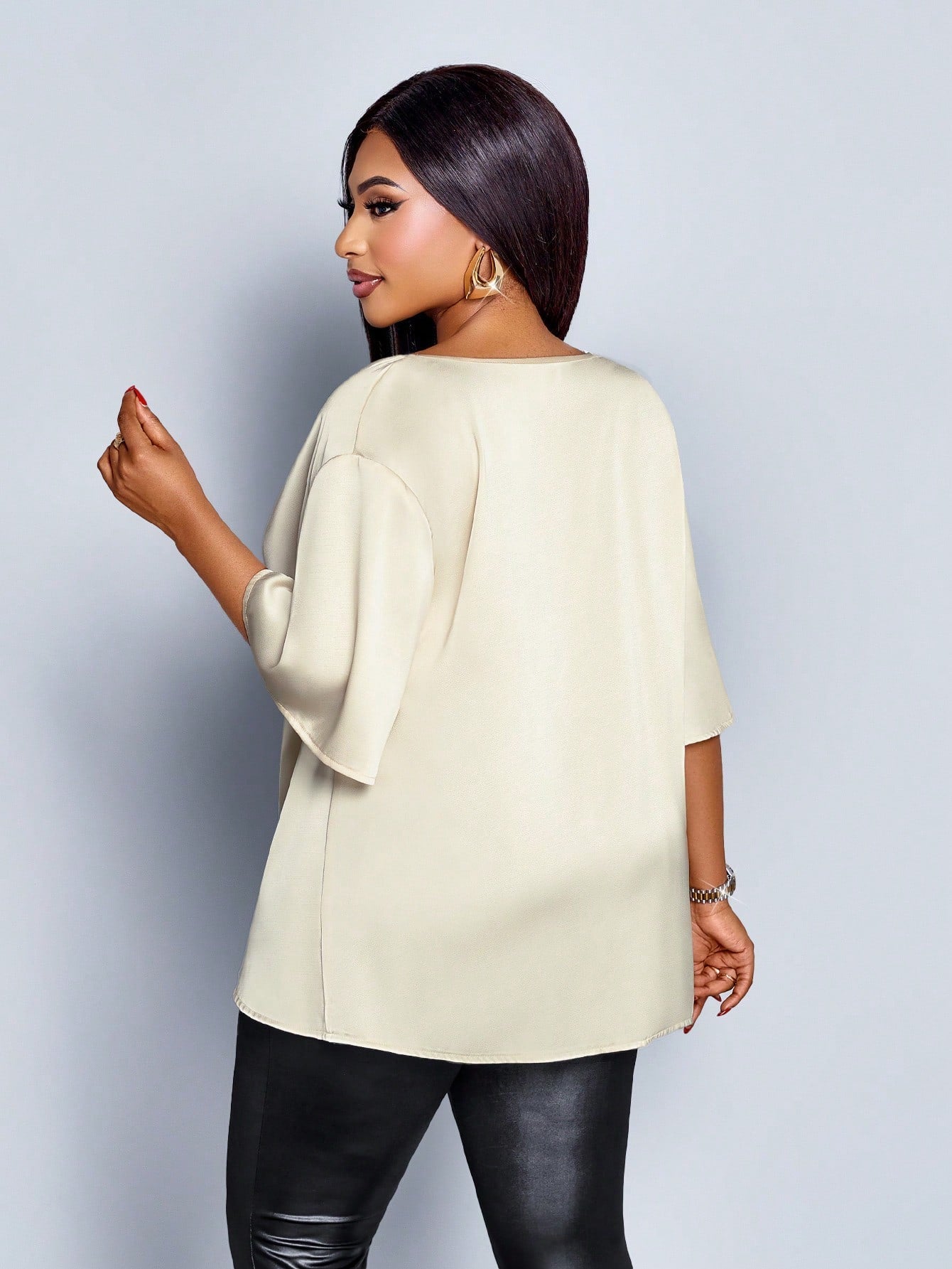 SOLERSUN Plus Size Women's Fashionable Solid Color Elegant Cowl Neck Stylish And Sophisticated Batwing Sleeve Blouse Summer