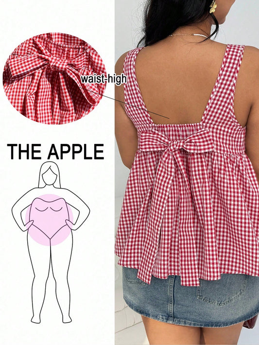 Solflare Plus Size Plaid Shirt With Bowknot Back Decor, Suitable For Daily Wear, Outings, Dates, Casual Valentine's Day