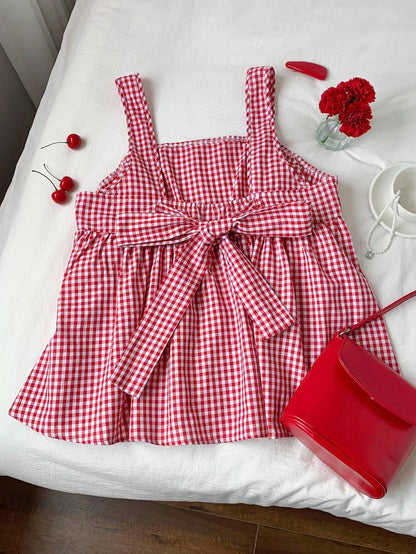 Solflare Plus Size Plaid Shirt With Bowknot Back Decor, Suitable For Daily Wear, Outings, Dates, Casual Valentine's Day